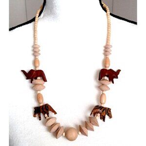 Figural Elephant Zebra Carved Bead Necklace Earthy Tribal Handcrafted Woodwork
